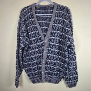 Vintage David Taylor Mens Large knit Cardigan Sweater Blue Grey 80s‎ 90s retro